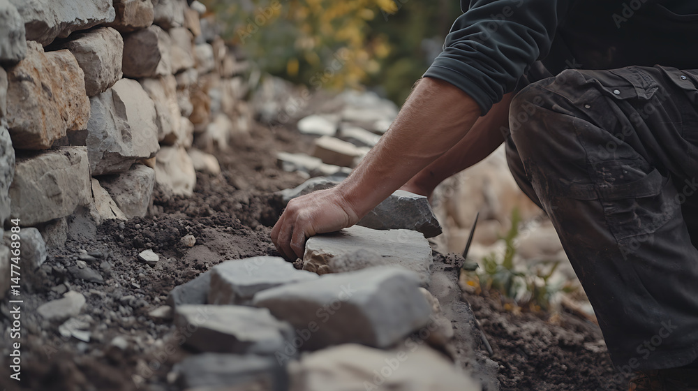 Obraz premium Person Laying Stones for a Wall Construction