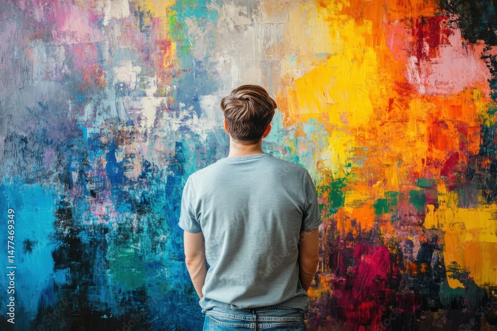 Obraz premium Man Observing Vibrant Abstract Art