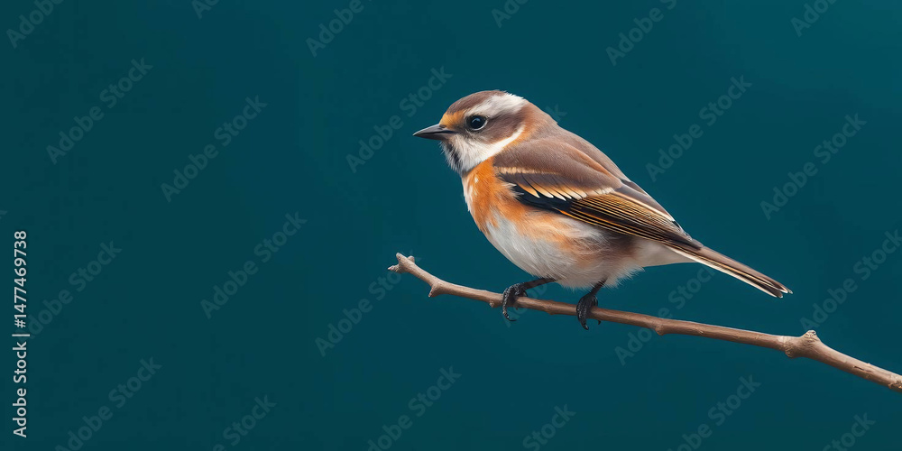 Fototapeta premium a small bird perched on a thin, bare branch. The bird has a smooth, rounded body with soft brown plumage on its back and head, transitioning to a lighter, almost white color on its underbelly 