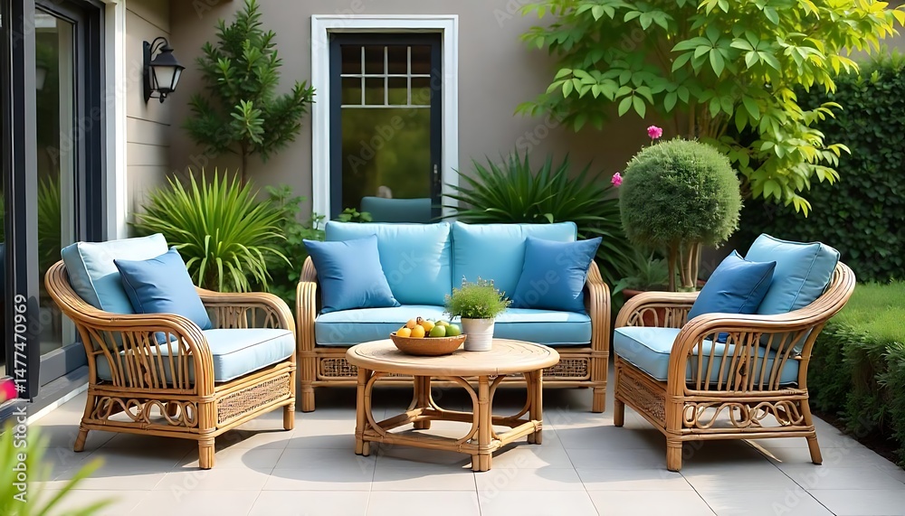 Fototapeta premium Rattan chairs and sofa with blue pillows on home patio. Outdoor furniture near house with plants, created with generative ai 