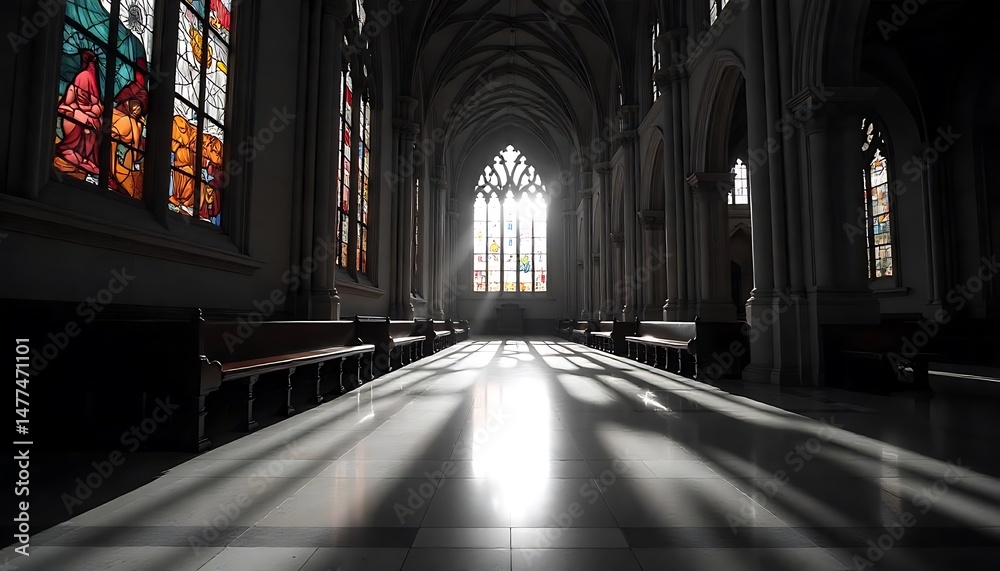 Obraz premium Colorful stained glass windows illuminating a cathedral interior during sunset near historic city center, Elegant Church Architecture Featuring Gorgeous Stained Glass Panel, created with generative ai