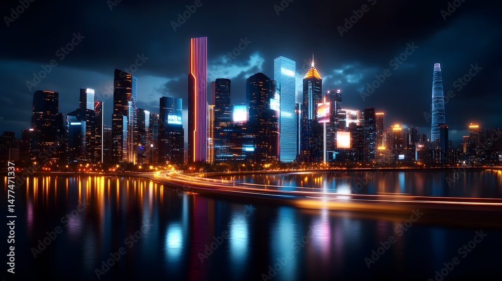 Fototapeta premium Vibrant Neon Cyberpunk City Skyline at Night Reflecting in Water With Futuristic Buildings Glowing in a Colorful Ambiance
