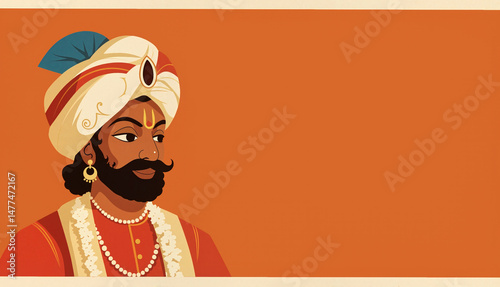 Majestic Indian king in traditional turban illustration with copy space. Historical figure, ruler, banner, poster.