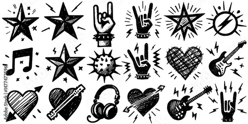Rock and Roll Icon Collection, collection of rock and roll-themed symbols featuring guitars, hearts, stars, and hand gestures