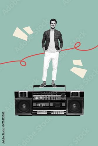 Pop art collage of person stand big boom box on teal color background