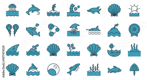 Collection of stylized marine life icons including dolphins and seashells