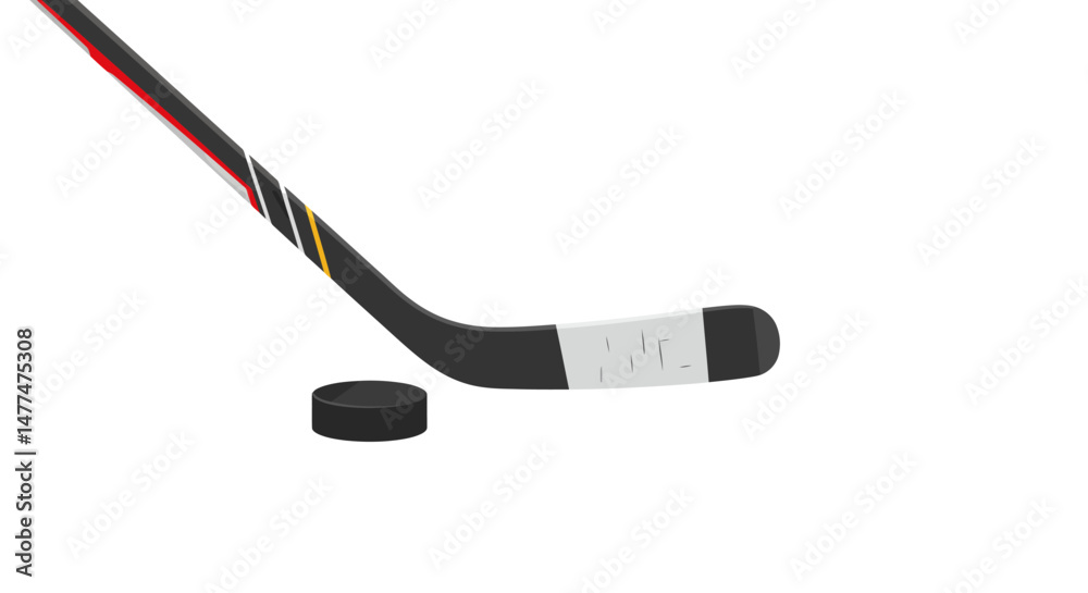 Angled Hockey Stick with Red White and Yellow Stripes Beside a Puck Angled Hockey Stick with Red White and Yellow Stripes Beside a Puck