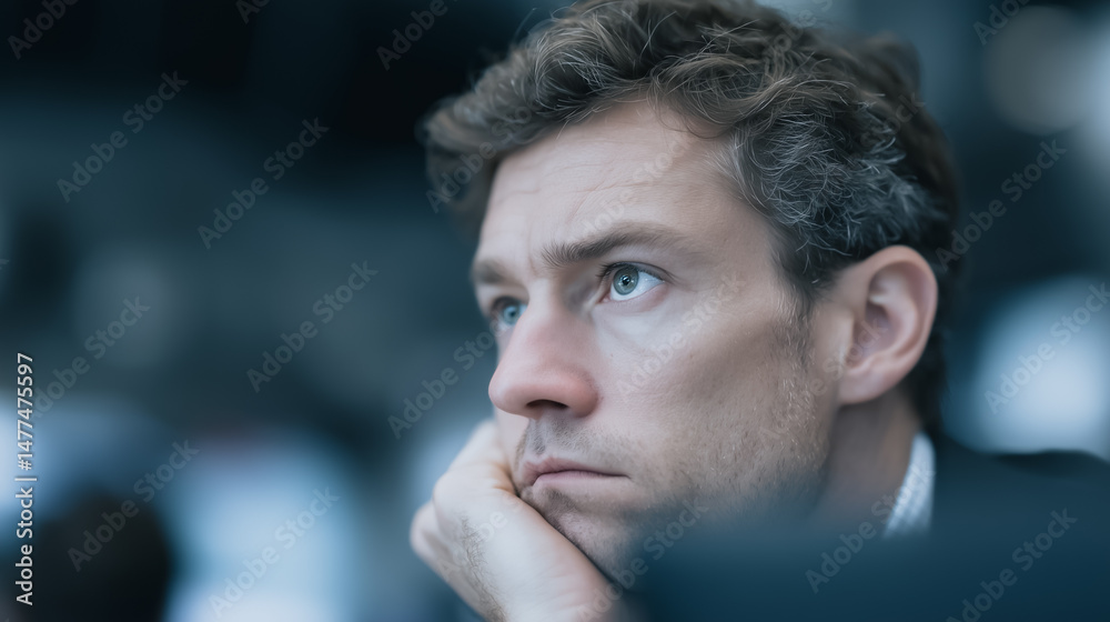 Fototapeta premium Contemplative Focus: A business professional contemplates intently, a thoughtful expression etched across their face, with a background hinting at a bustling work environment.