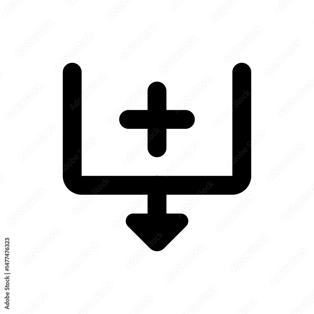 Fototapeta premium Black icon showing a plus symbol above a box with an arrow pointing down indicating downloading process