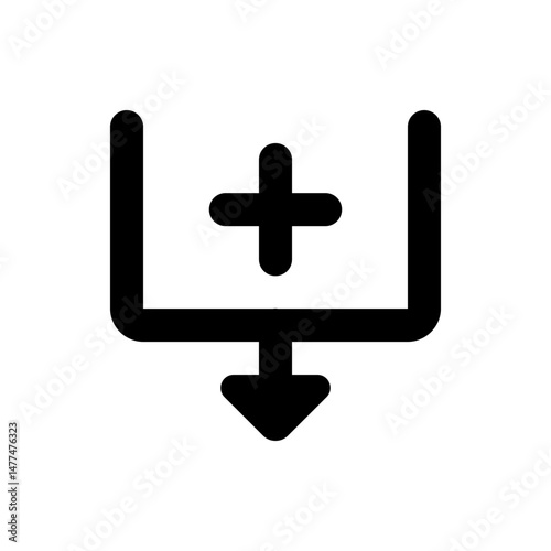 Black icon showing a plus symbol above a box with an arrow pointing down indicating downloading process