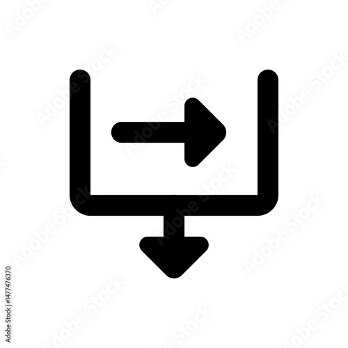 Black icon showing a box with an arrow pointing right into it and an arrow pointing down from the bottom 100