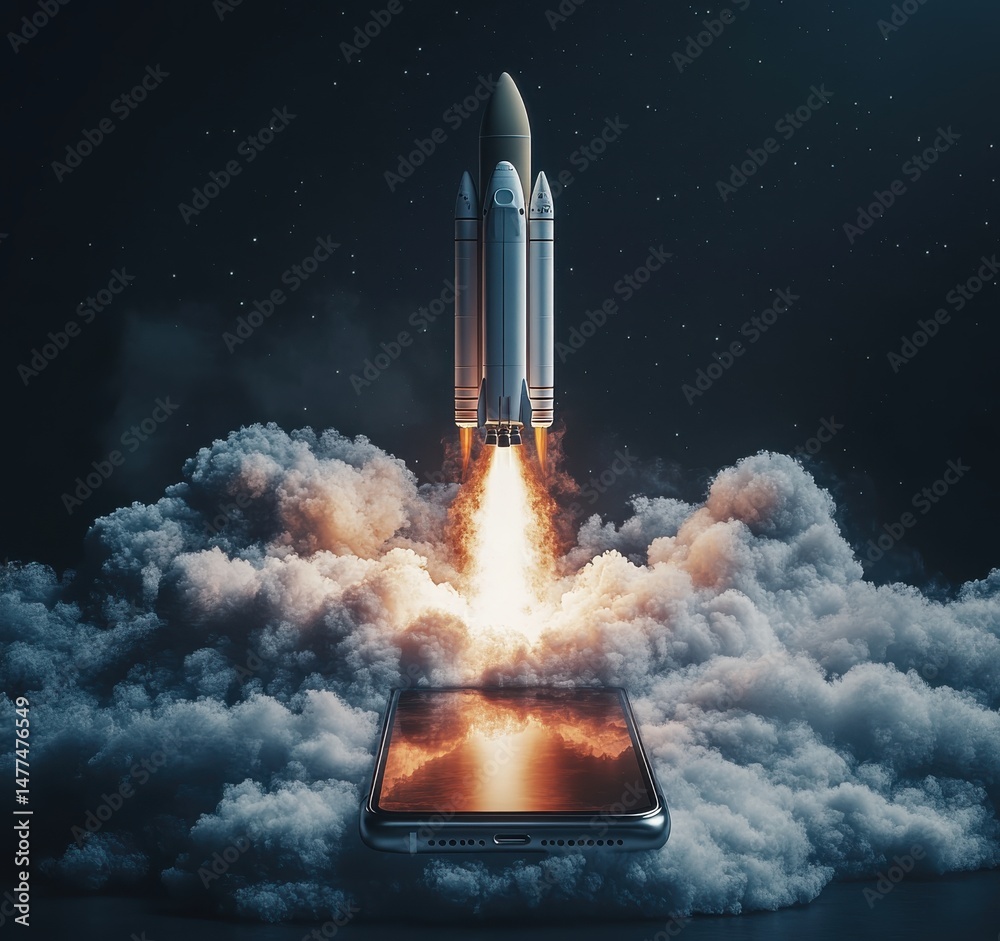 Fototapeta premium Space Shuttle Launching from Smartphone Screen