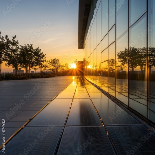 Modern building reflecting sunset colors.