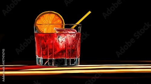 Close-up of a vibrant red cocktail served in a clear glass filled with ice, topped with a dried orange slice and two black straws.