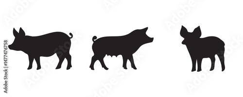 Set of three pig silhouettes in black, featuring different pig breeds and poses, depicted in side view against a clean white background