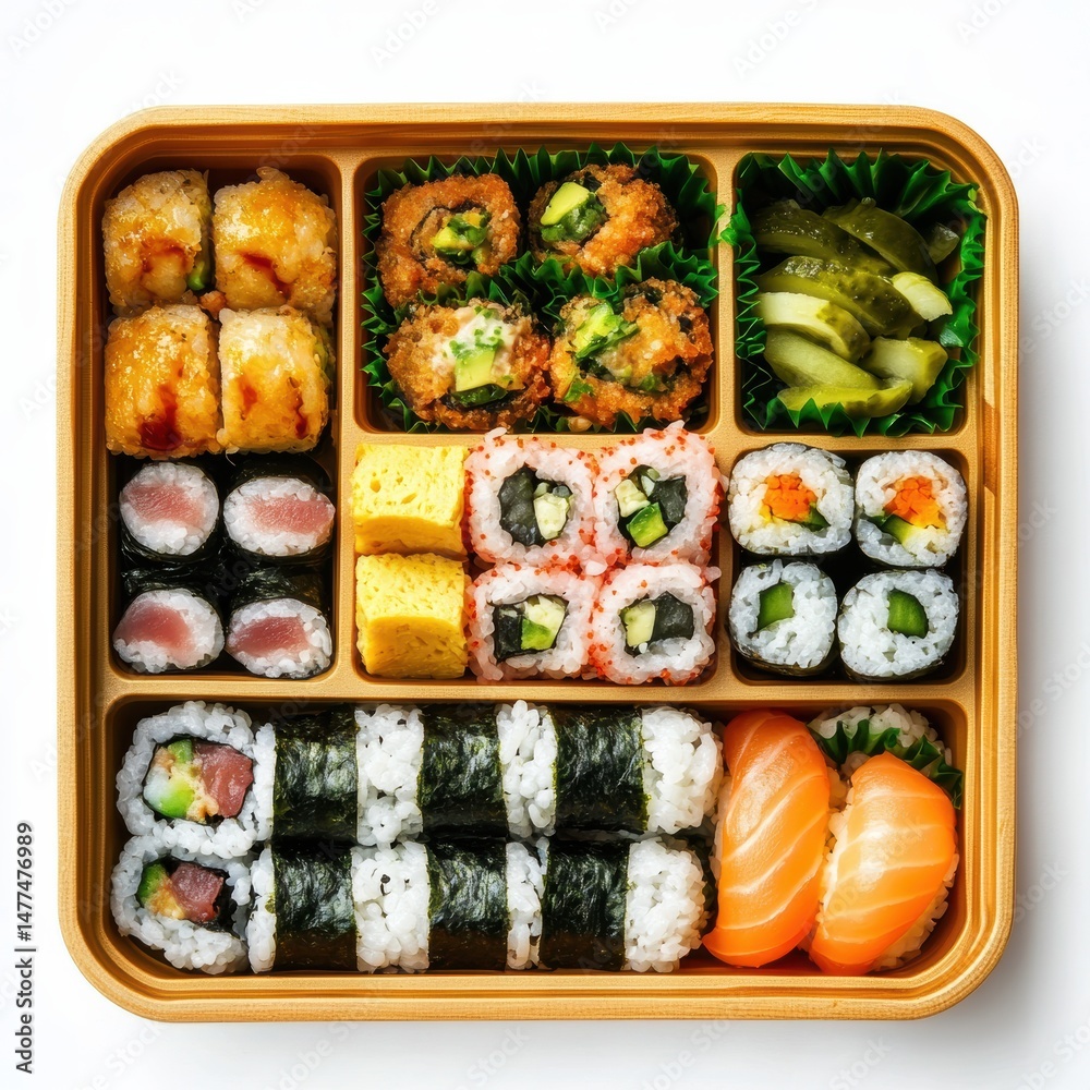 Delicious assorted sushi in a bento box