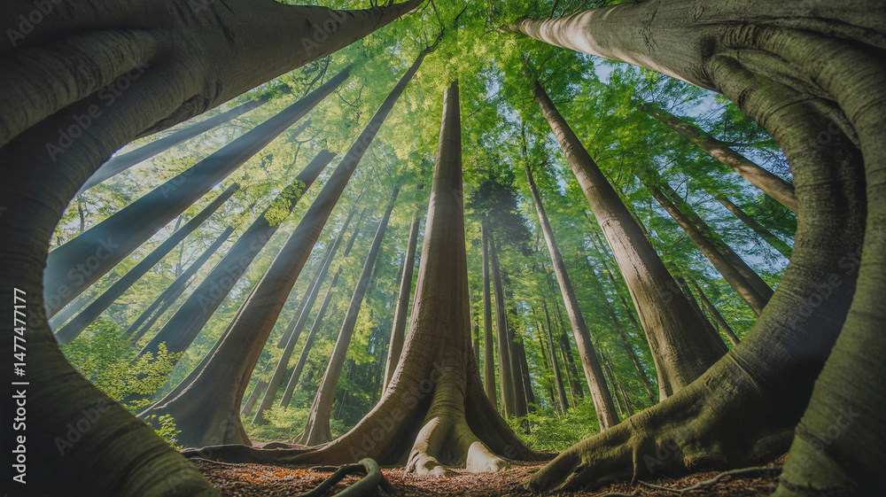 Trees in a forest from below green tops of tree gentle sky background.png.jpg
