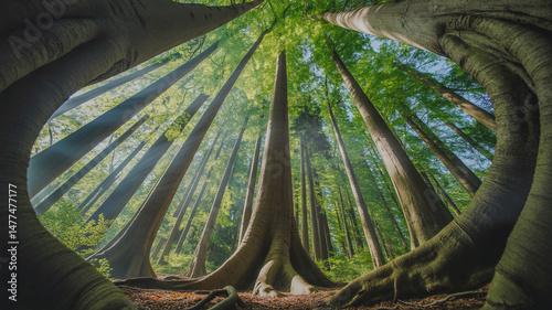Obraz na płótnie Trees in a forest from below green tops of tree gentle sky background.png.jpg w salonie