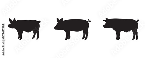 Silhouettes of three pigs with distinct physiques, ideal for educational charts, farming visuals, meat industry guides, or minimalist animal design projects