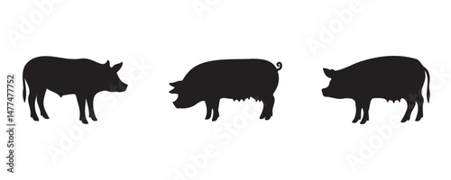 Three black pig silhouettes in side profile, each with distinct body shapes and features, isolated on a white background for farm, livestock, or agricultural design use