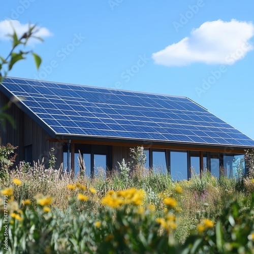 Obraz na płótnie Eco-friendly house with solar panels and flowers. w salonie