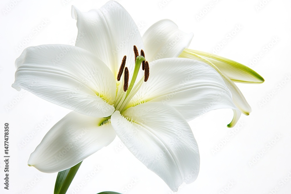 Obraz premium A delicate white lily with its elegant petals open wide, isolated against a pure white backdrop.