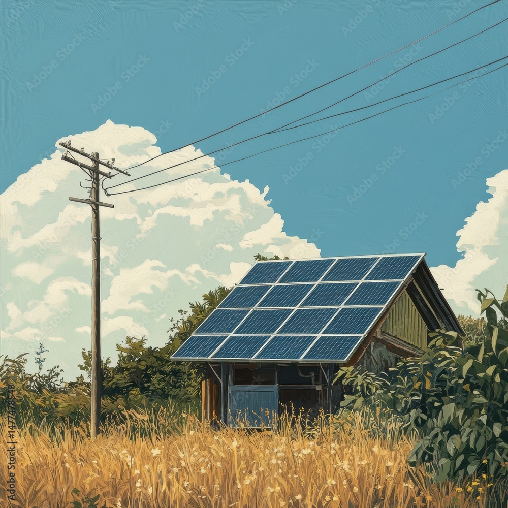 Eco-friendly house with solar panels in nature.