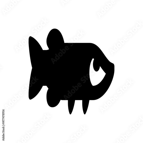 Illustration of a stylized black fish with a large eye and fins swimming to the right side view design