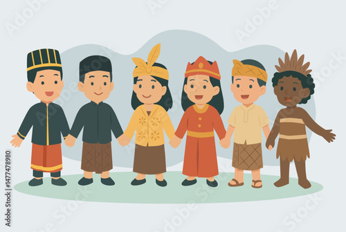 happy children playing
Flat art of children from various tribes in Indonesia such as the Acehnese, Javanese, Sundanese, Dayak, Lombok and Asmat tribes holding hands happily to celebrate Children's Day
