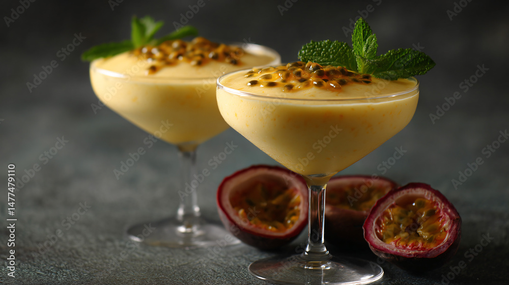 Two elegant dessert shabu filled with a smooth passion fruit mousse topped with fresh passion fruit seeds and a sprig of mint candy Two elegant dessert shabu filled with a smooth passion fruit mousse topped with fresh passion fruit seeds and a sprig of mint candy
