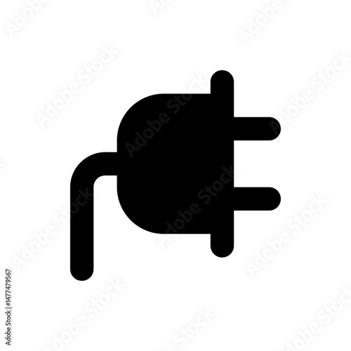 Illustration of a black electrical plug with two prongs and a cord extending to the left side on white