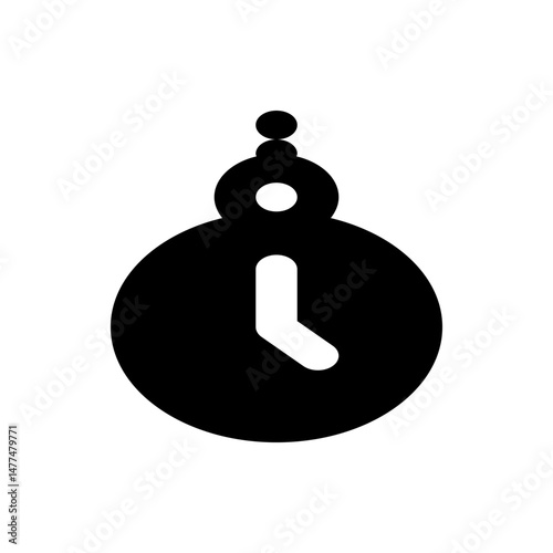 Illustration of a black clock with a white hand pointing to the left and a hanging mechanism on top end