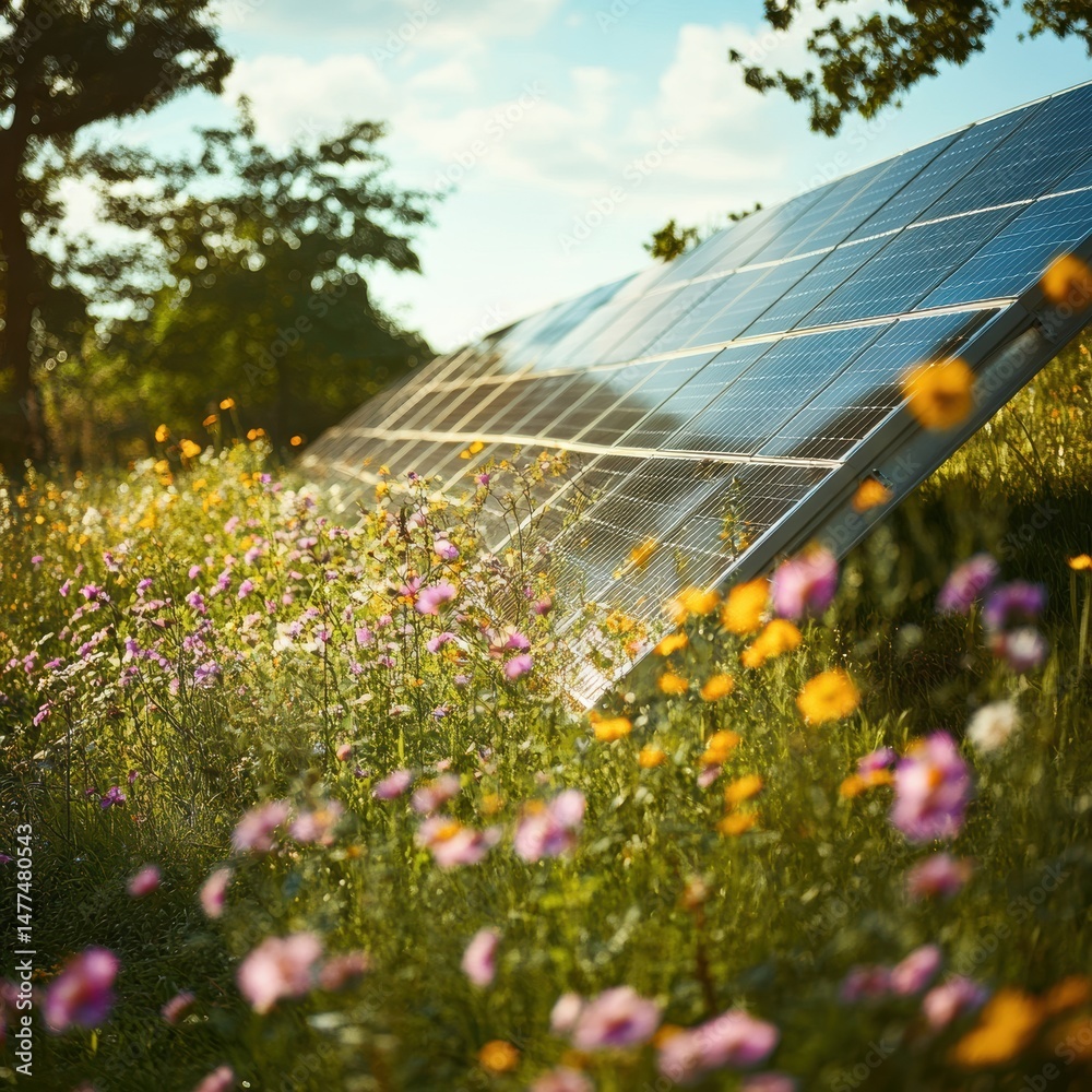 Solar panels in a vibrant wildflower field.