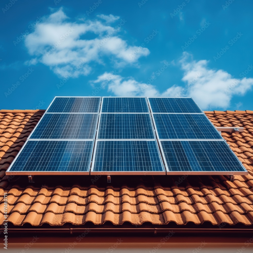 Solar panels on a roof under a bright sky.