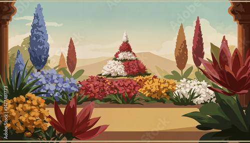 Flower garden landscape with beautiful blooming various plants. Tranquil nature scene. For design, background, banner, poster. Relaxing floral illustration.