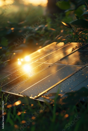 Obraz na płótnie Solar panel reflecting warm sunlight in nature. w salonie