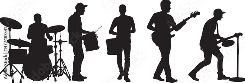 Silhouettes of the musicians playing guitar on a white background. Vector illustration