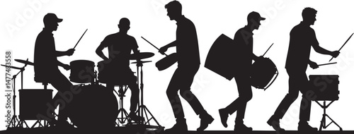 Musical band playing drums and cymbals, vector silhouette illustration.