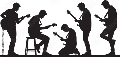 Silhouettes of the musicians playing guitar on a white background. Vector illustration