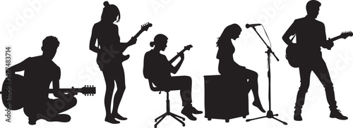 Silhouettes of the musicians playing guitar on a white background. Vector illustration