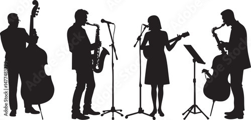 Silhouettes of jazz saxophone musicians on white background. Vector illustration.