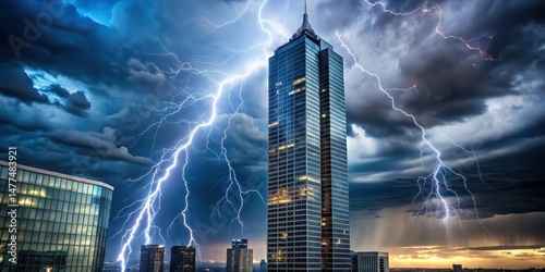Dark grey stormy sky with lightning flashing above a sleek glass skyscraper at dusk