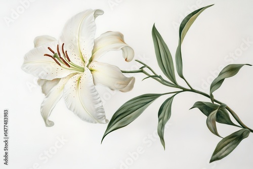 A delicate white lily with its elegant petals open wide, isolated against a pure white backdrop