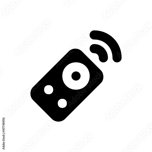 Illustration of a black remote control with two buttons and a large circular button emitting signal waves