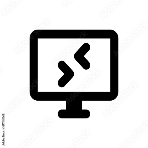 Black computer monitor displaying coding symbols on a white screen with a black stand at the bottom center