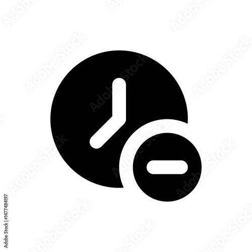 A black clock with white hands indicating a time and a black circle with a white dash inside it near the edge