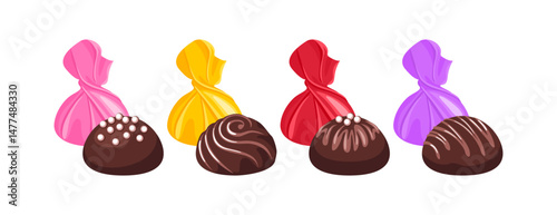  Collection chocolate candy  in colorful wrappers. Vector cartoon flat illustration. 
