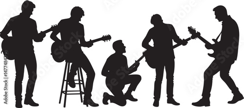 Silhouettes of the musicians playing guitar on a white background. Vector illustration