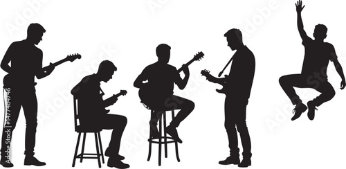 Silhouettes of the musicians playing guitar on a white background. Vector illustration