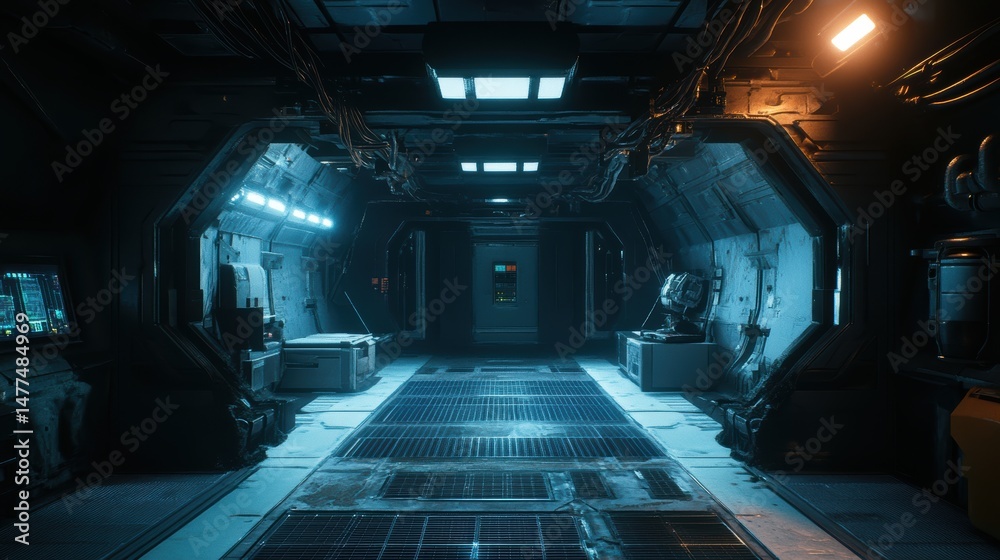 Futuristic interior of a sci-fi spacecraft.
